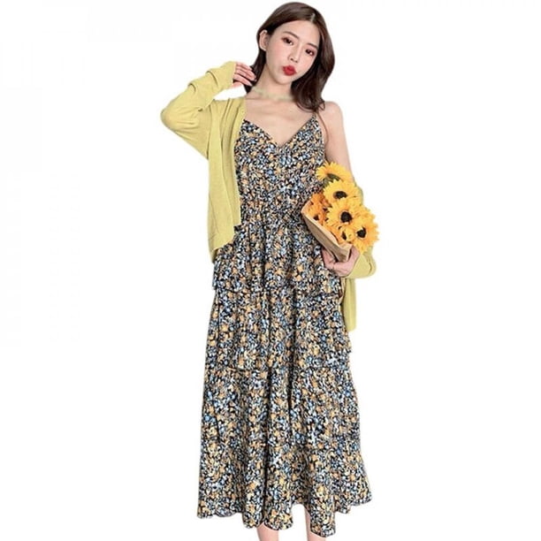 CNKOO Summer Korean Sleeveless Dresses Women Long Dress Floral Printed  Spaghetti Strap Sling Elegant Casual Chiffon V-Neck Black XL - Walmart.ca