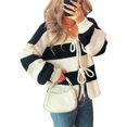 thumbnail image 3 of Chaqueta de Punto Holgada Informal con Cuello en V y Larga para Mujer, Cárdigan de Punto con Cordones y Rayas en Contraste. Negro L, 3 of 9