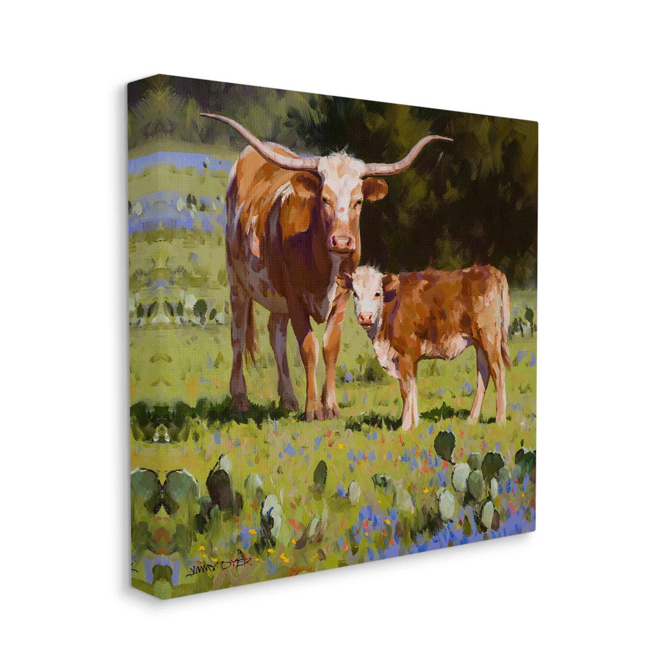 Baby Calf Longhorn Cattle Scene Animals & Insects Painting Gallery Wrapped Canvas Print Wall Art