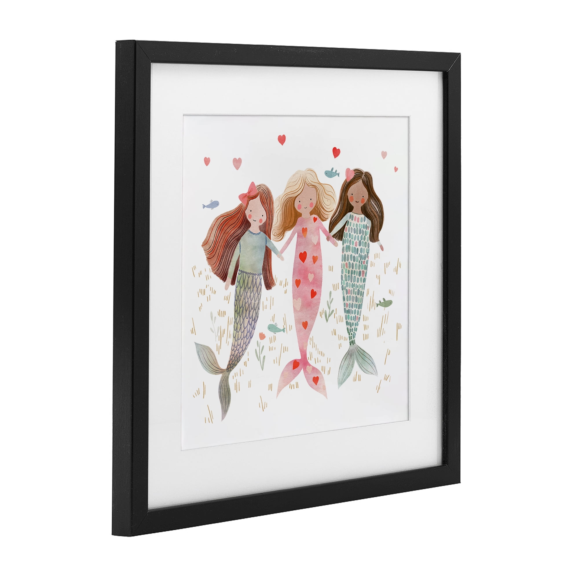 Trio of Mermaids Friendship Black Framed Print Under Glass, design by Leah Straatsma