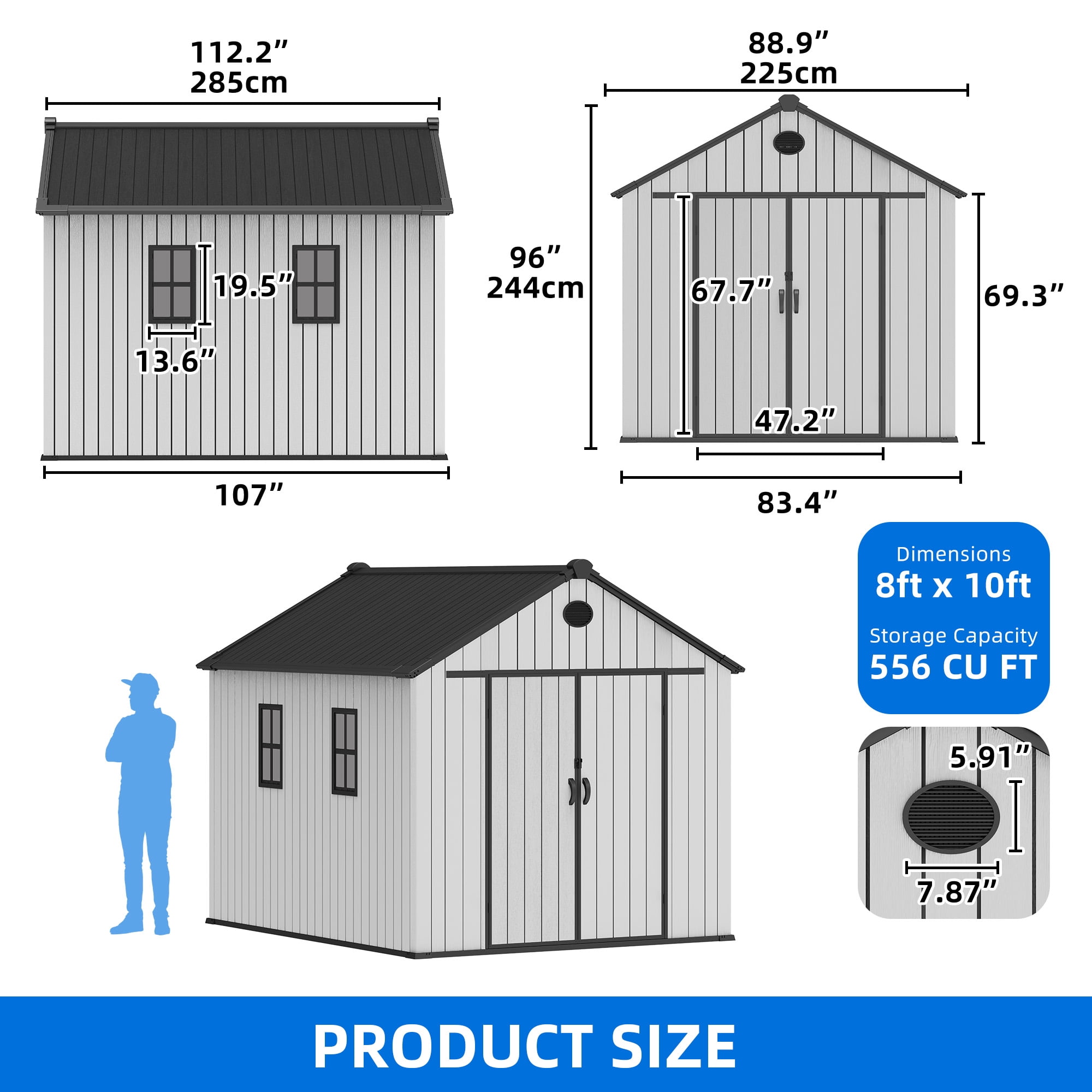 Uforic 8x10 FT Resin Storage Shed with Floor, Lockable Doors, 2 Vents & 2 Windows for Outdoors, Gray