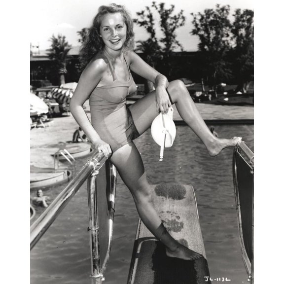 Janet Leigh Posed in Grey One Piece Swimsuit with Left Foot on the Steel Pool Handle Photo Print (24 x 30)