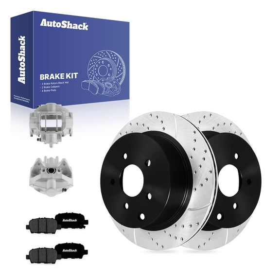 AutoShack Rear Vented Drilled & Slotted E-Coated Brake Rotors   Premium Ceramic Pads   Calipers 8-PC Brake Kit Replacement for 2014 INFINITI Q60 ShadowGuard 12.12" (307.8 mm)