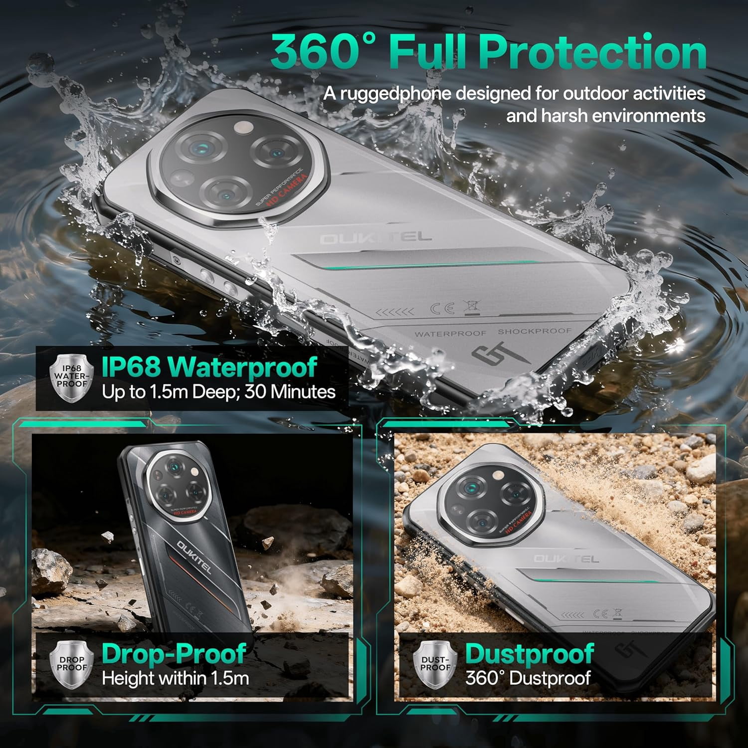 OUKITEL WP62 5G Rugged Smartphone Unlocked Android 15-36GB+512GB/2TB Rugged Cell Phone, 6.6''FHD+ Display 120Hz 108MP Rear Camera 11000mAh Battery Waterproof Phones, Fingerprint/IP68/IP69K/NFC/OTG