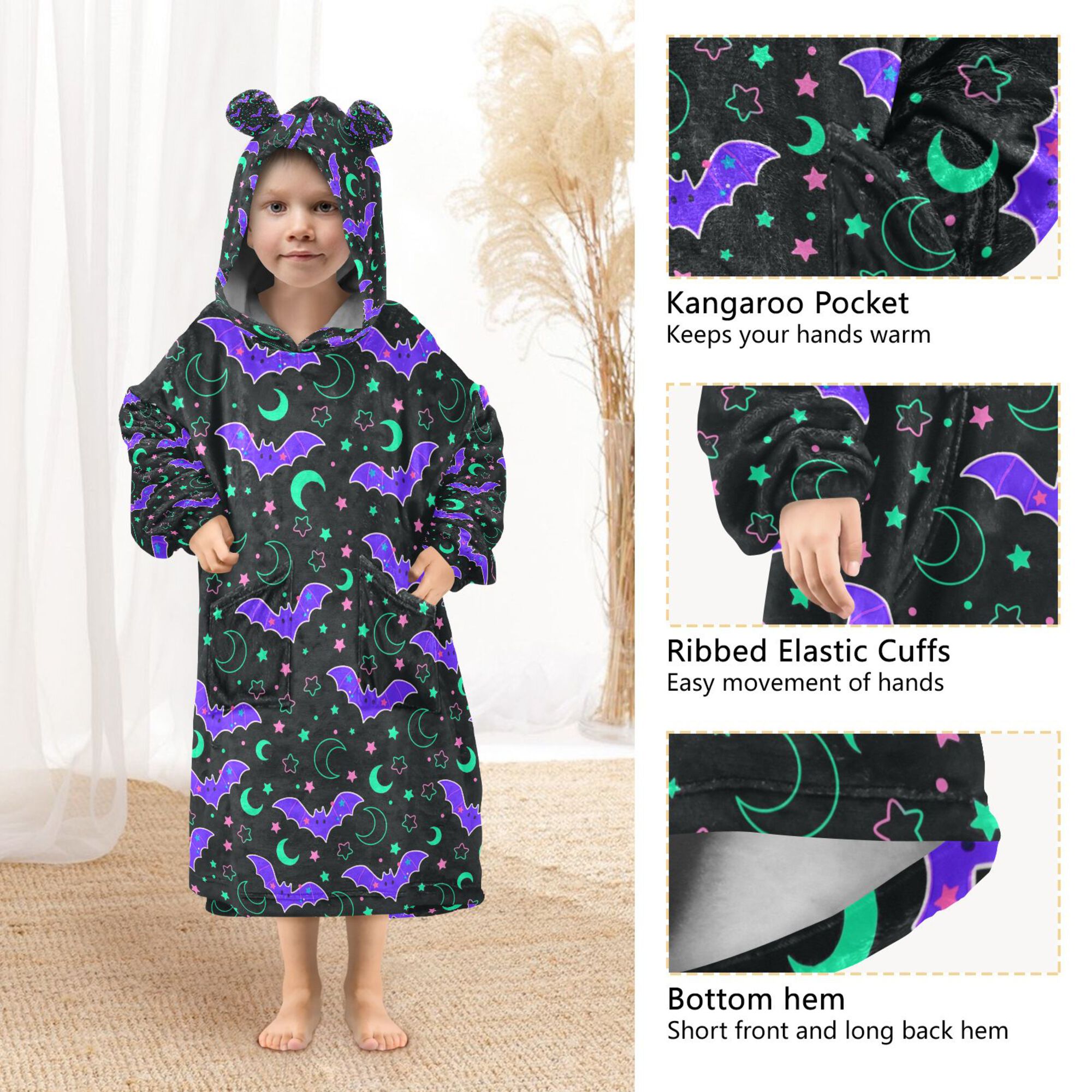 FORMRS Wearable Blanket Hoodie with Sleeves for Kids Cozy Flannel Sweatshirt, Purple Cartoon Bats Pattern