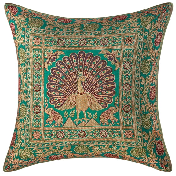 Stylo Culture Ethnic Bohemian Brocade Emerald Green And Gold Throw Pillow Covers 16x16 Jacquard Weave Banarsi Decorative Pillow Covers Dancing Peacock Floral 40x40 cm Cushion Covers (1 Pc)