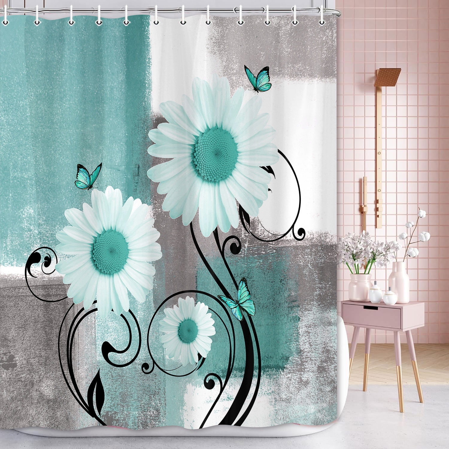 Farmhouse Daisy Shower Curtain - Green Gray Abstract Floral Bathroom Decor with White Flowers, Washable Fabric Modern Design, 54x70 Inch
