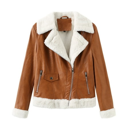 

Womens Faux Shearling Moto Jacket Winter Warm Thick Lined Parka Coats Fashion Vegan Leather Motorcycle Jackets
