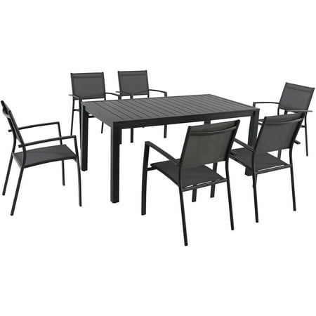 Hanover - Naples 7-Piece Outdoor Dining Set with 6 Sling Chairs and a 63" x 35" Dining Table - Gray/Gray