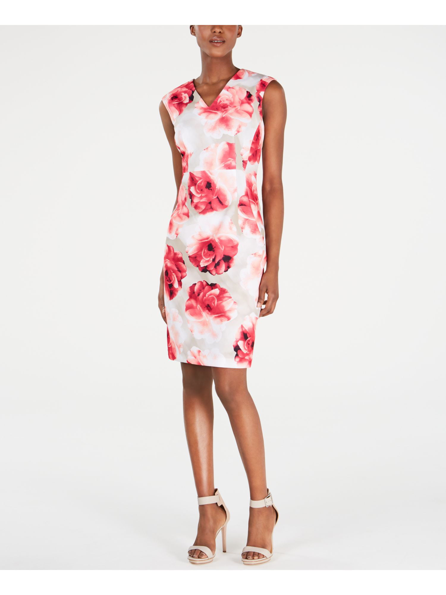 CALVIN KLEIN Womens Pink Floral Sleeveless V Neck Below The Knee Party Sheath  Dress 0P 