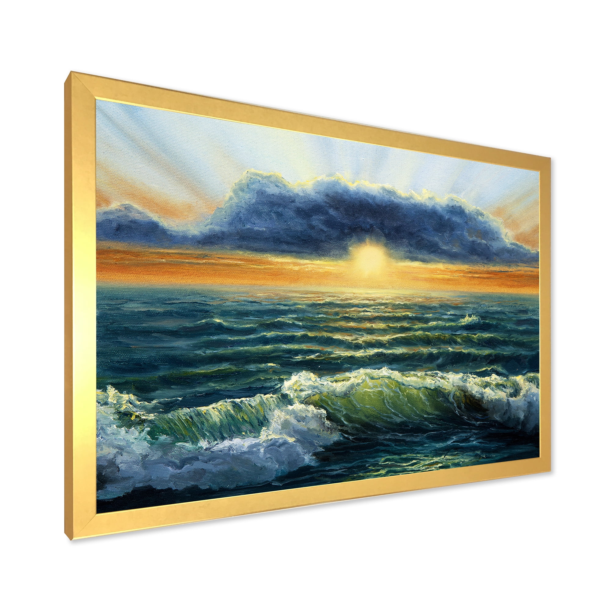 Designart 'The Blue Ocean In Sunset Evening I' Nautical & Coastal Framed Art Print