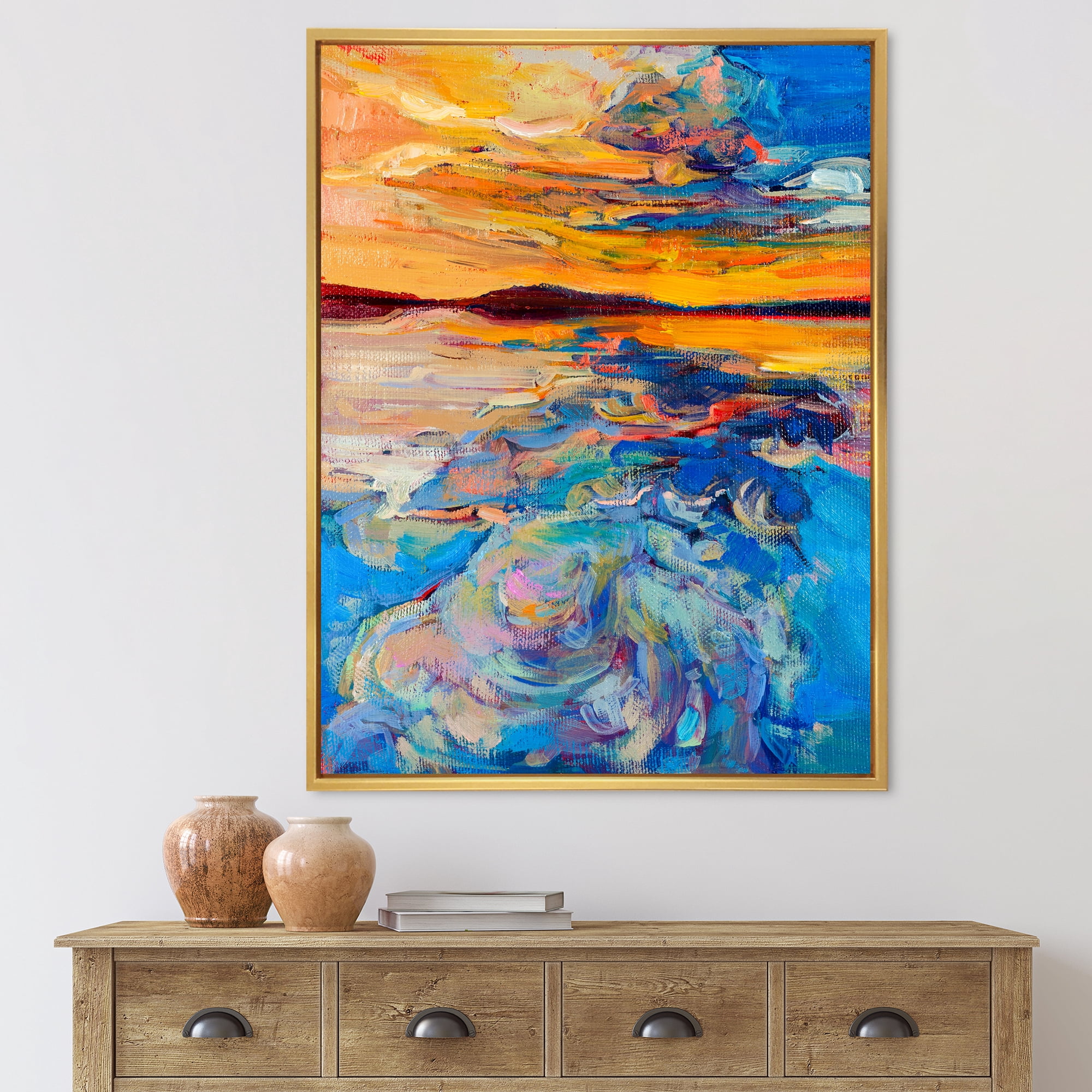 Designart 'Whirly Blue Waves Under Orange Sunset' Nautical & Coastal Framed Canvas Wall Art Print