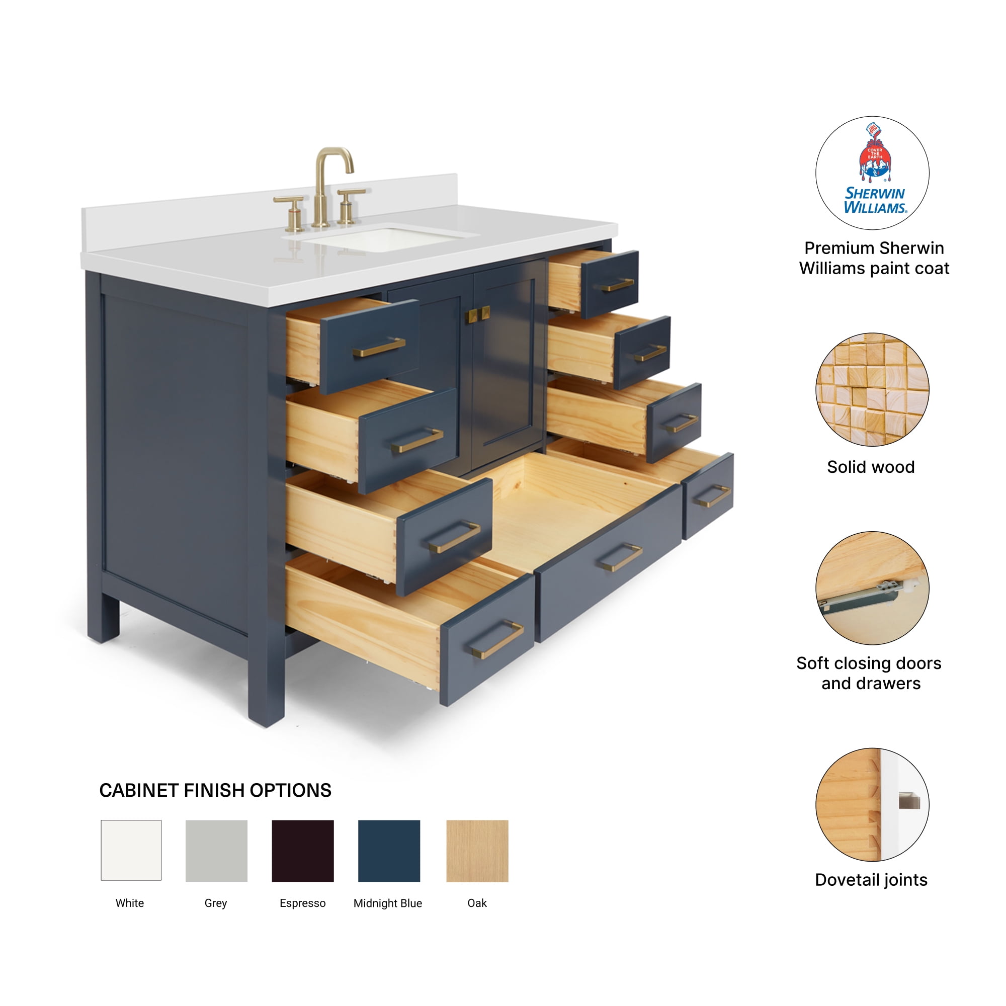 ARIEL Cambridge 55" Midnight Blue Bathroom Vanity with Sink, 1.5" Edge Pure White Quartz Countertop & Backsplash, Center Rectangular Sink, 2 Soft Closing Doors, 9 Full Extension Dovetail Drawers