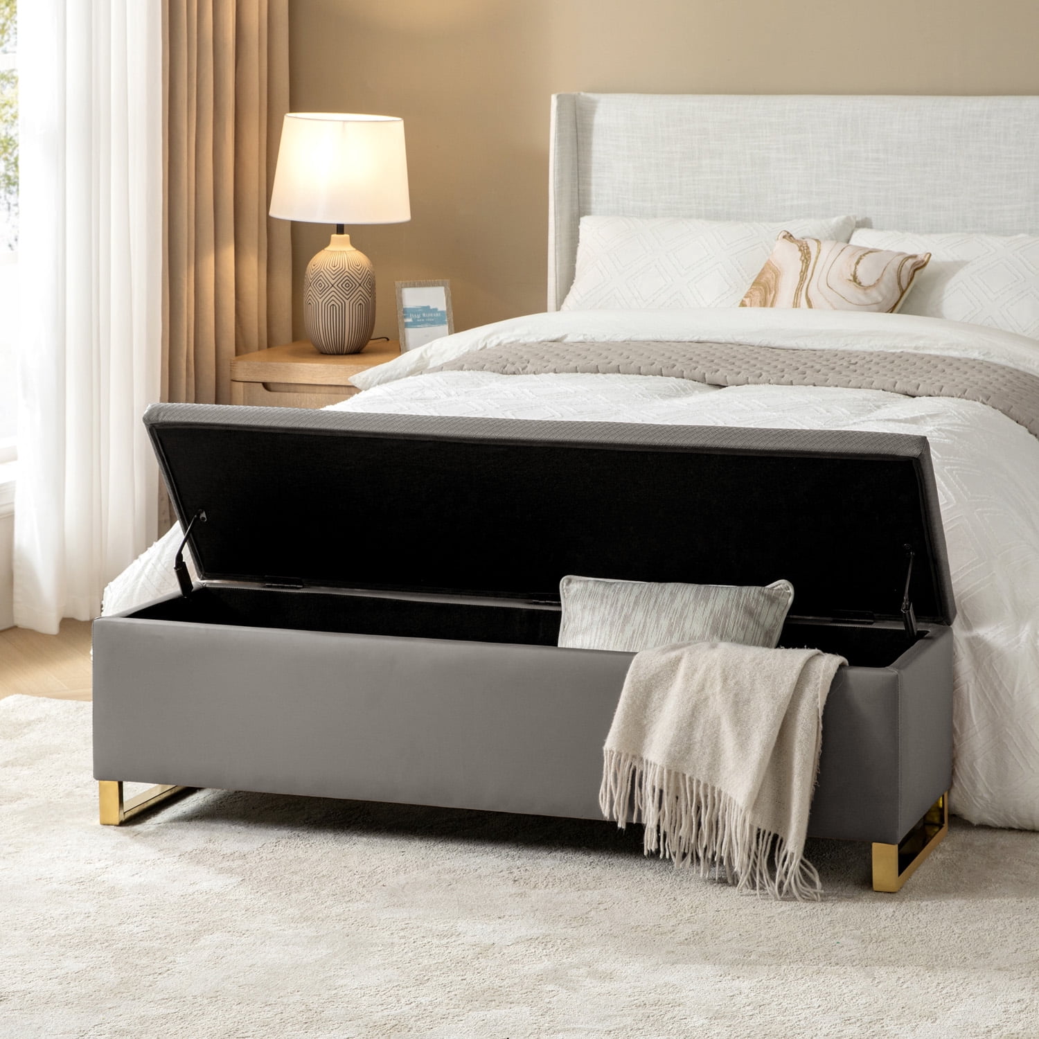 Tina's Home Storage Bench with 2 Nesting Ottomans,  Upholstered Entryway Bench with Stainless Steel Legs Modern Seating for Living Room, Bedroom  Grey