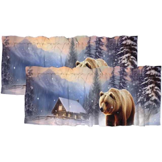 Cortinas con cenefa de oso, diseño de bosque invernal, animal salvaje, pino, árbol, copo de nieve, privacidad, decorativas, con bolsillo para varilla, cortinas cortas para ventana, 54 x 18 pulgadas