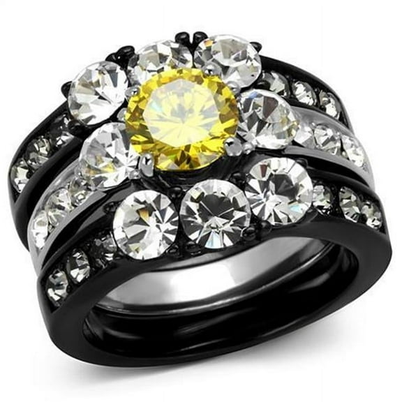 Alamode TK2615-6 Women Two-Tone IP Black Stainless Steel Ring with AAA Grade CZ in Topaz - Size 6