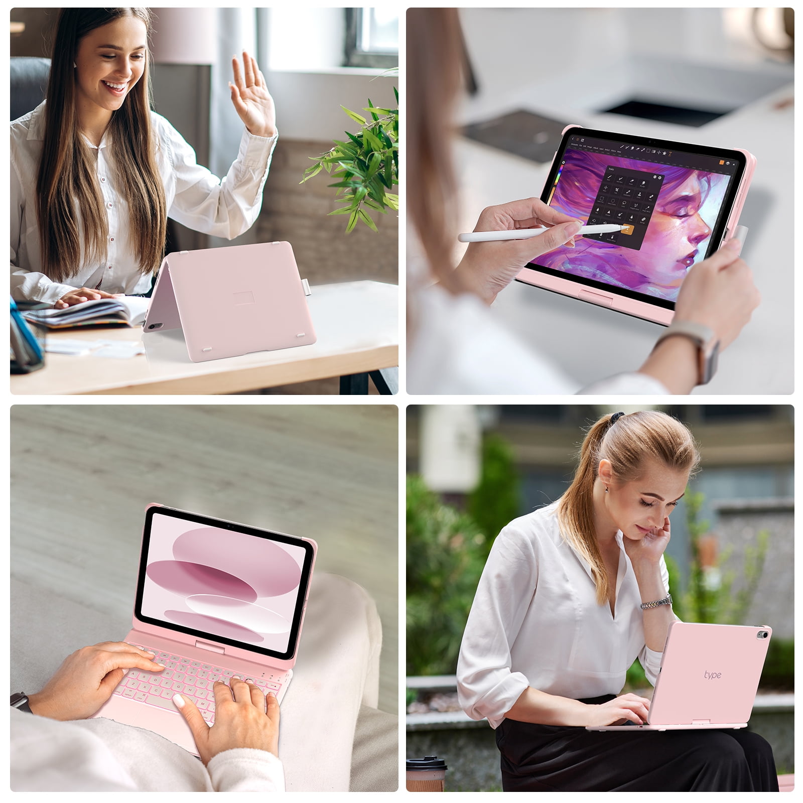 typecase Touch Case with Keyboard for iPad 11th(A16, 2025) & iPad 10th Gen(10.9", 2022), Trackpad, 11 Color Backlight, 360° Rotatable with Pencil Holder - Light Pink