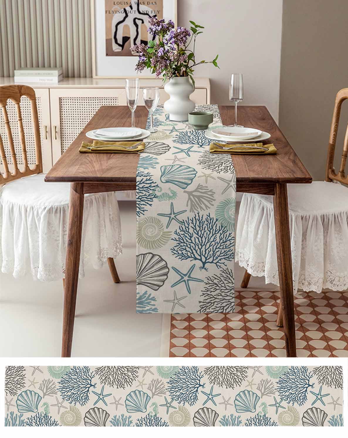 Ocean Coastal Table Runner 120 Inches, Retro Coral Starfish Shell Seahorse Bed Runner Dresser Scarves Tabletop for Indoor Outdoor Parties/Ceremony/Banquet, 13"x 120"