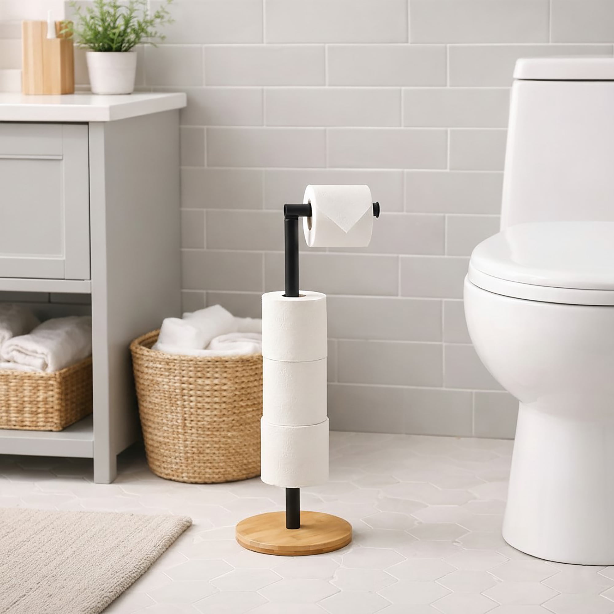 Black Freestanding Toilet Paper Holder Stand with Bamboo Base