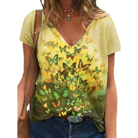 Women's Loose V-neck Butterfly Printing Tees Short-Sleeved T Shirts ...