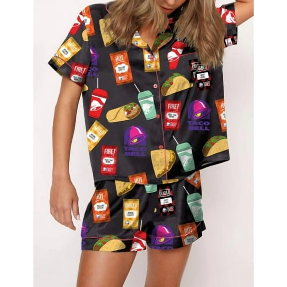 SheShow Fast Food Print Silky Casual Short Sleeve Pajama Set for Women, Black, L
