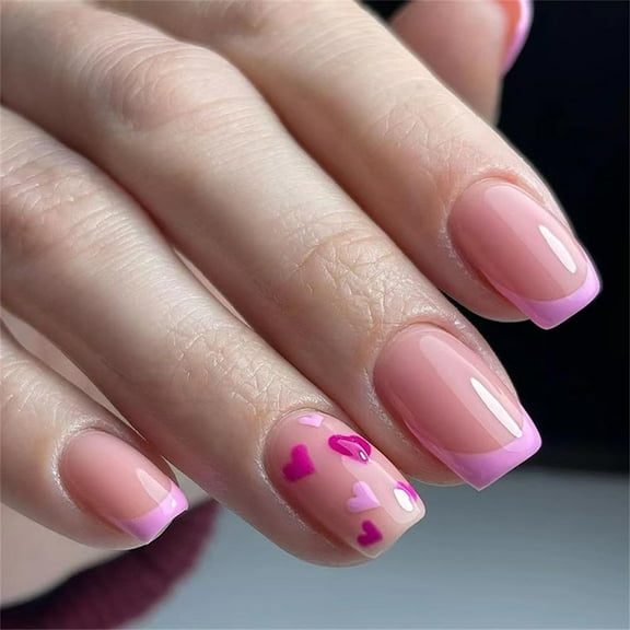 Press on Nails Short Square French Pink Acrylic Fake Nails with Cute Heart Design Glue on Glossy Full Cover Artificial Gel False Stick on Nail for Girls Women Wedding Manicure 24Pcs French Pink with