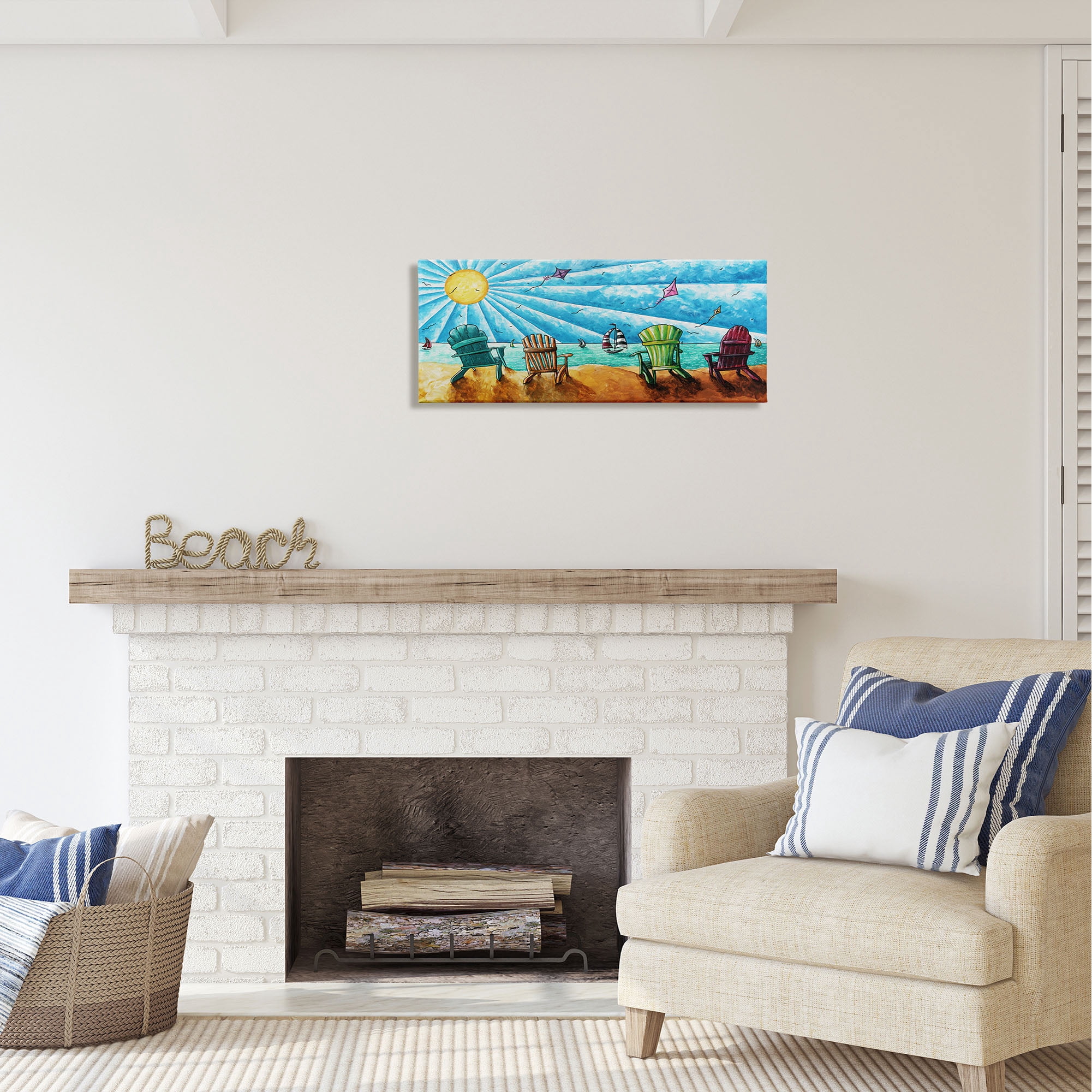 Stupell Industries Kites Flying on Beach Nature Painting Gallery Wrapped Canvas Print Wall Art, 30 x 13