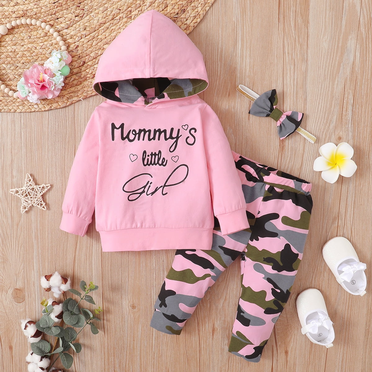 3pcs Letter and Camouflage Print Long-sleeve Pink Baby Set
