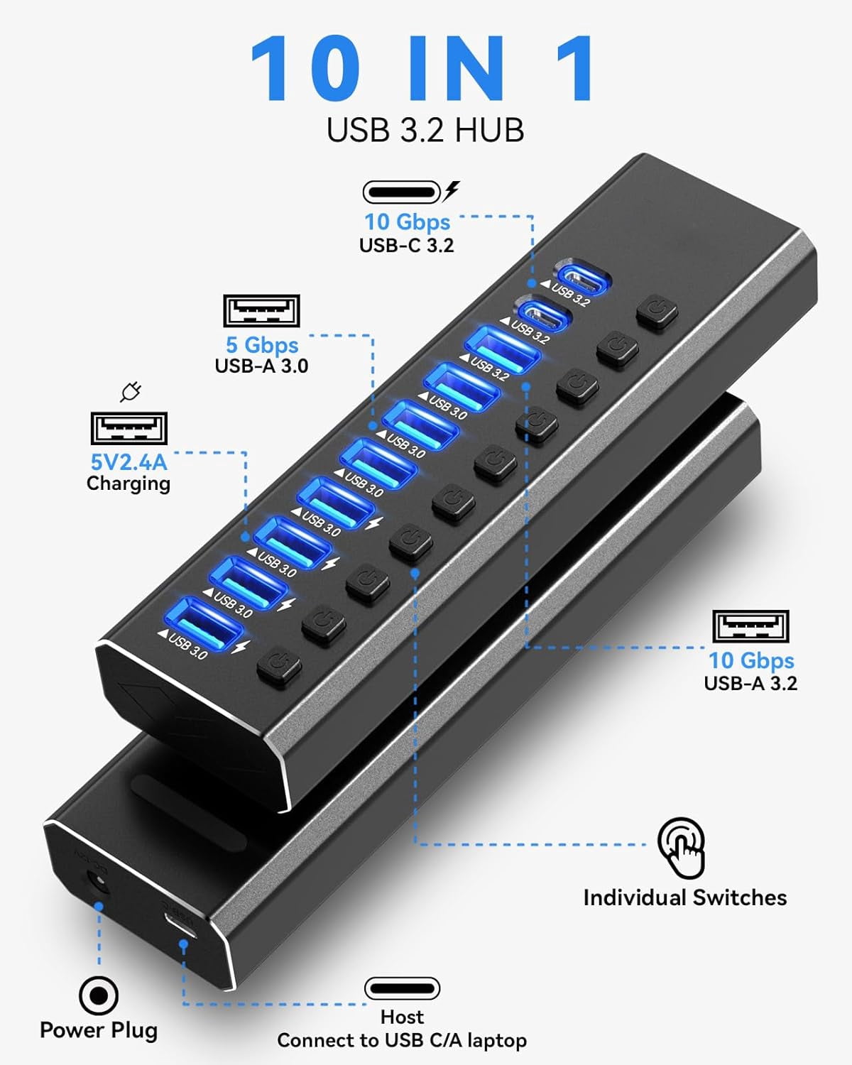 Powered USB Hub 3.2, AUBEAMTO 10-Port USB 3.2/USB C Hub (10Gbps USB-A 3.2 +2 USB-C 3.2 +7 USB 3.0 Ports) with Individual On/Off Switches and 12V Power Adapter, Aluminum USB Hub Powered for Laptop PC
