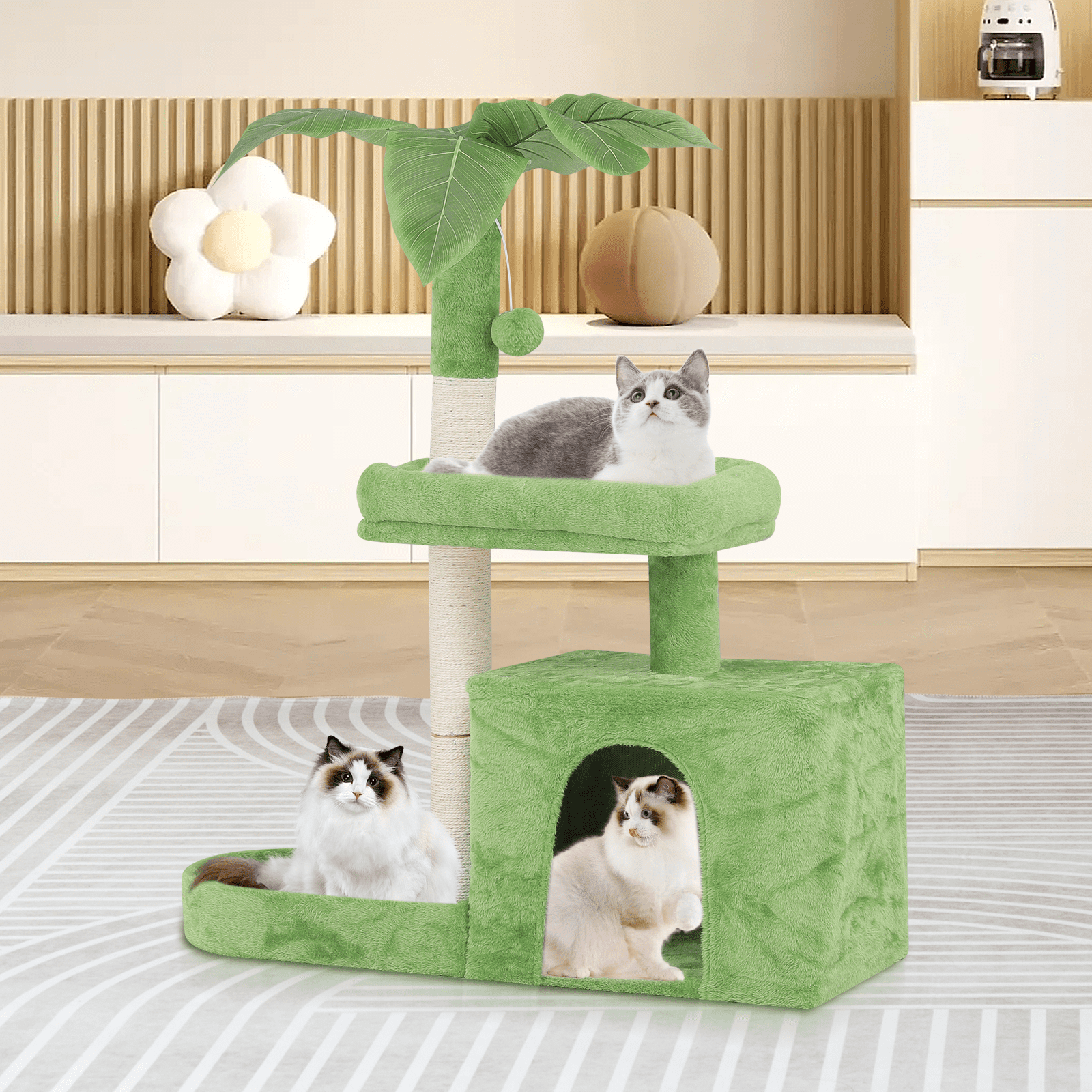 Magshion Cat Tree for Indoor Cats with Green Leaves, 32'' Cat Tower for Indoor Cats with Rest Area, Plush Cat House with Cat Cave and Sisal Scratching Posts Cat Furniture, Green