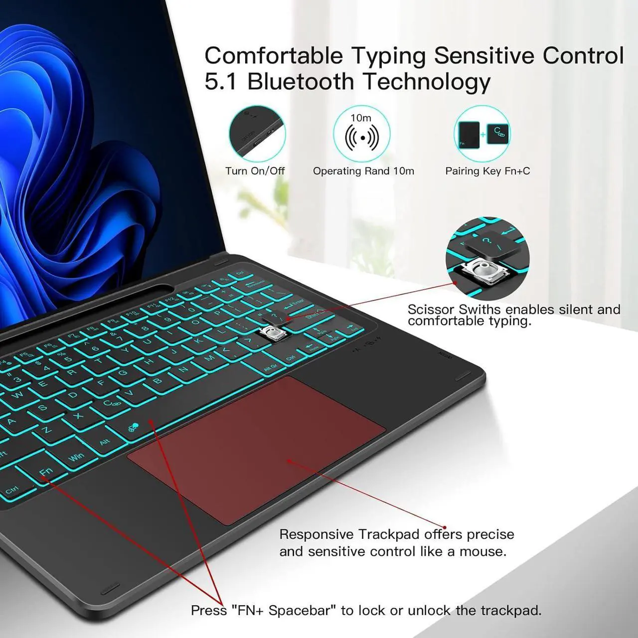 Type Cover for 13 inch Microsoft Surface Pro 11 / Pro 10 / Pro 9 / Pro 8 / Pro X Wireless Thin Bluetooth Keyboard with Trackpad, 7 Colors Backlit Pencil Holder