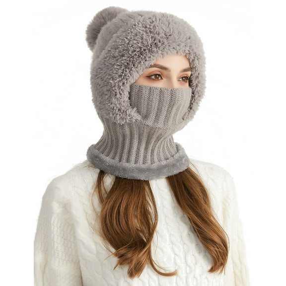 Mucky Cat Winter 3-in-1 Women's Balaclava Hat - Fleece Lined Beanie with Scarf & Neck Warmer, Cold Resistant Thermal Knitted Ski Mask for Ladies Gray