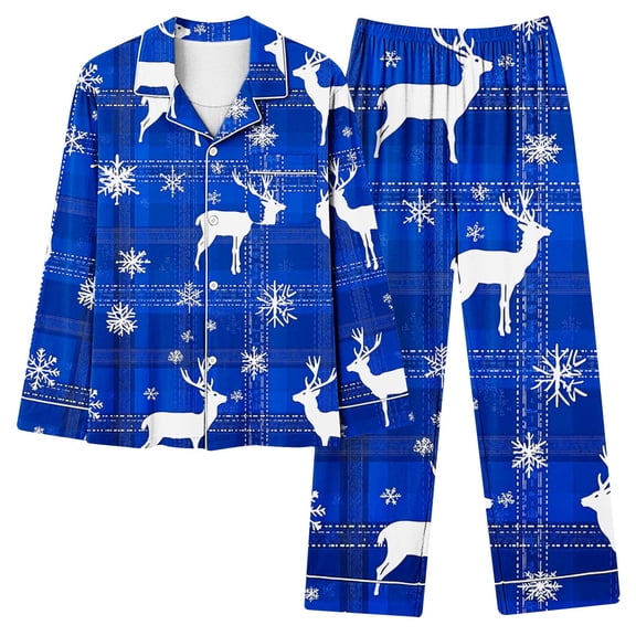 asdoklhq Warm Pajamas for Women Set Women's Christmas Home Pocket Printed Pajama Set for Daily Home Wear Long Sleeves Set Blue 2X