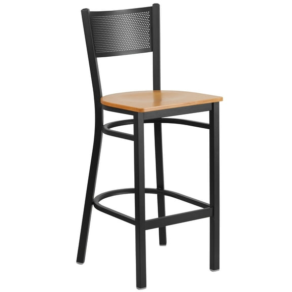 Flash Furniture HERCULES Series Black Grid Back Metal Restaurant Barstool - Natural Wood Seat