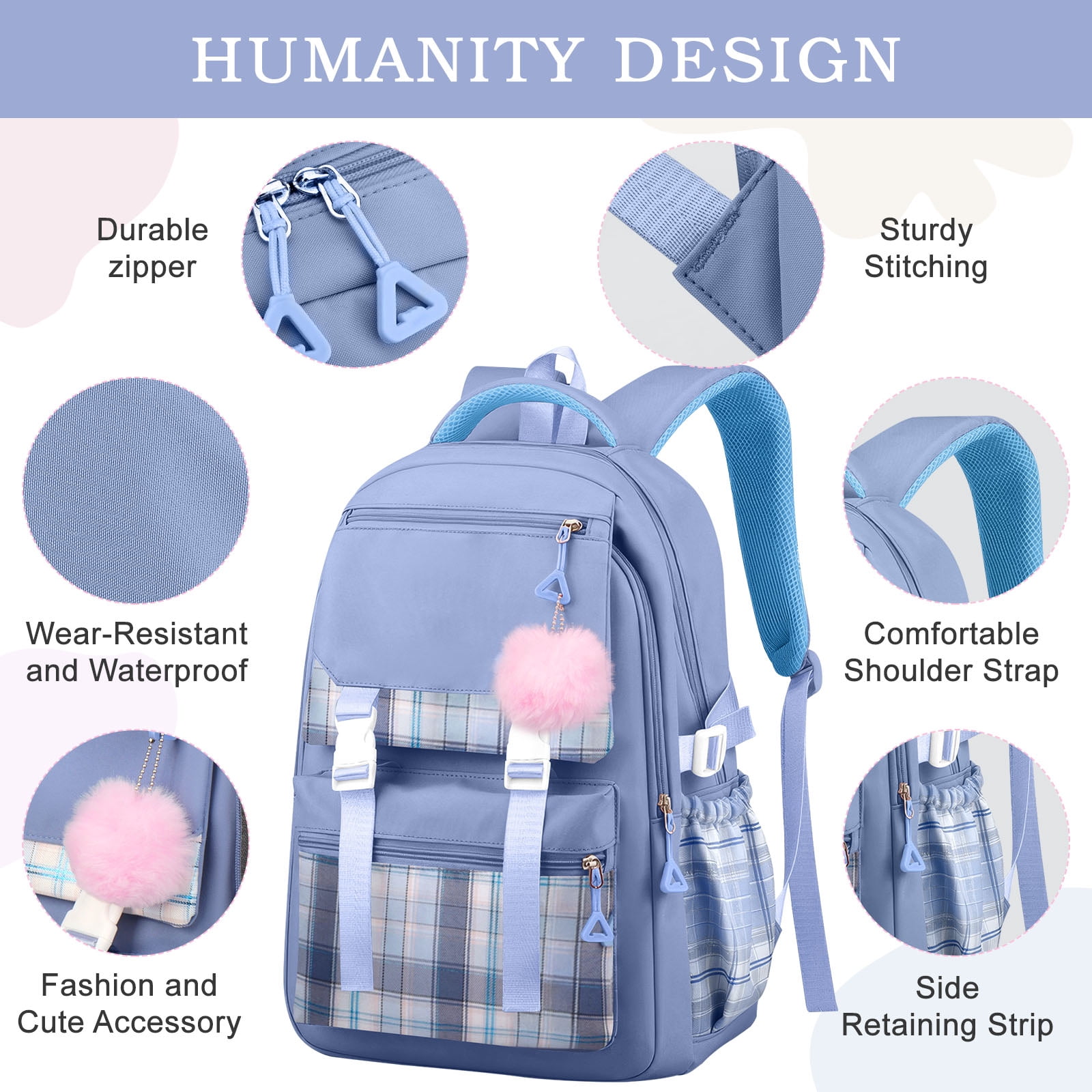 DAKIMOE Blue School Backpack for School, Travel, Work, Large Capacity Waterproof Bookbag with 7 Compartments and Luggage Belt