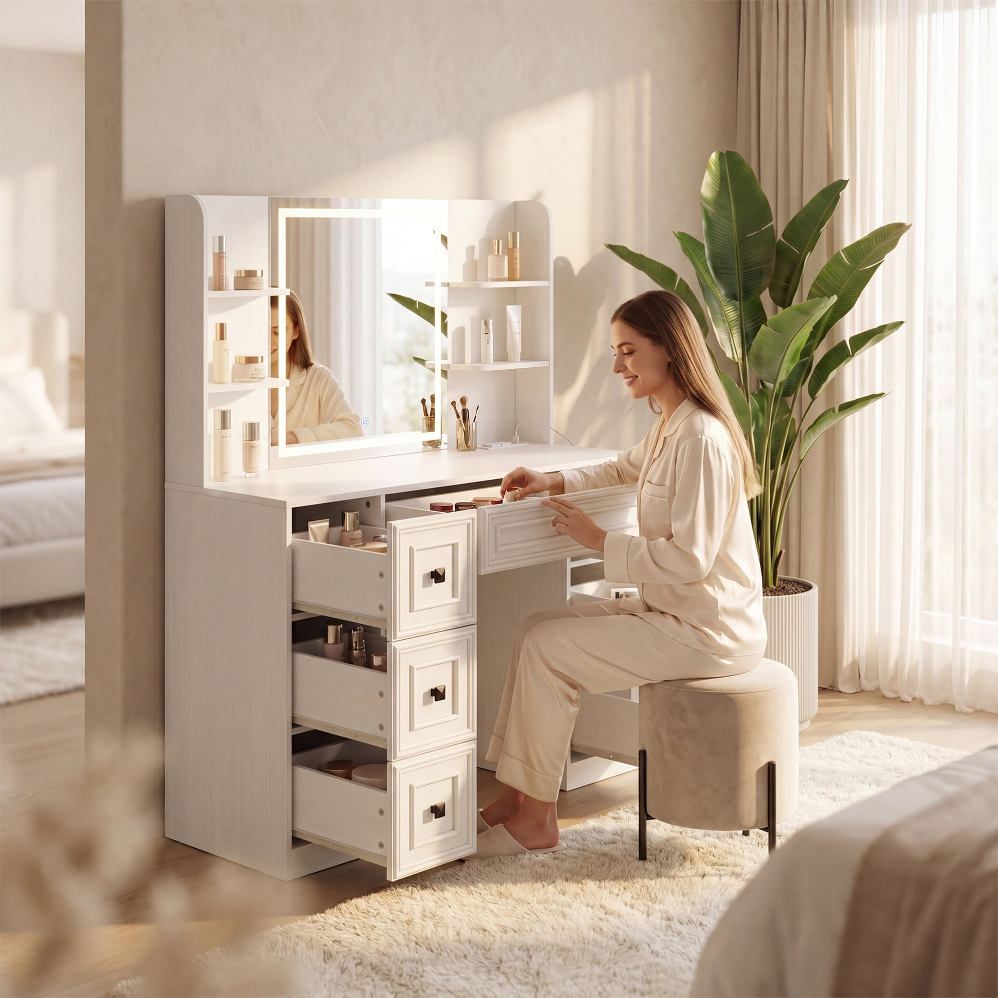 Lacoo Makeup Vanity Desk with LED Lighted Mirror & Charging Station, 7 Drawers Vanity Table with Open Shelves & Hair Dryer Holder for Bedroom Dressing Room, White