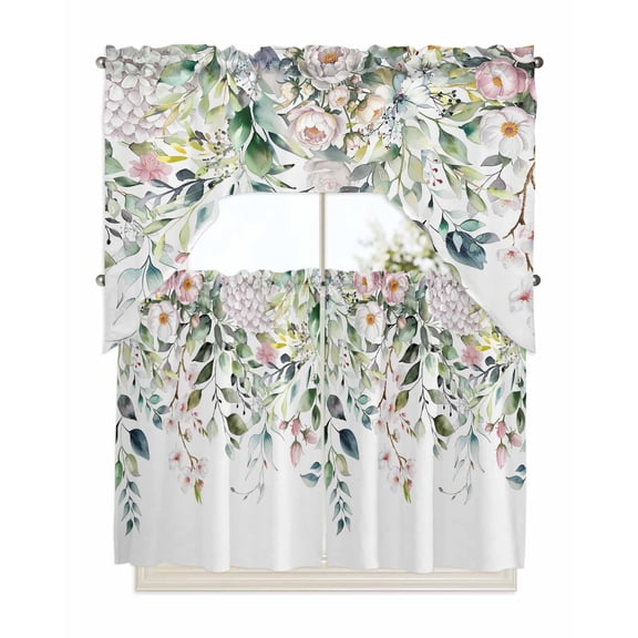 Green Eucalyptus Leaves Kitchen Curtains Swag Valance and Tier Curtains Set 36 Inch Length, Floral Summer Botanical Rod Pocket Drape Panels Pair Swag Curtains for Bathroom/Cafe/Window