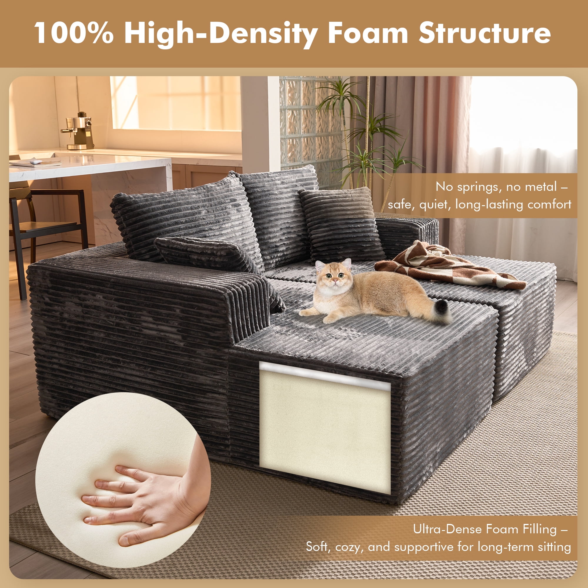 XIZZI Oversized Chaise Lounge Chair Indoor Double, Modular Sectional Sofa with Plush Corduroy, Sleeper Sofa Boneless Couch for Living Room Bedroom, No Assembly Required, Gray