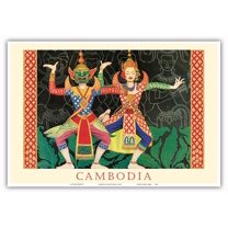 Cambodia - Modern Cambodian Dancers - Ancient Temple of Angkor Wat - Vintage Travel Poster by Albert Camille c.1946 - Master Art Print (Unframed) 13in x 19in