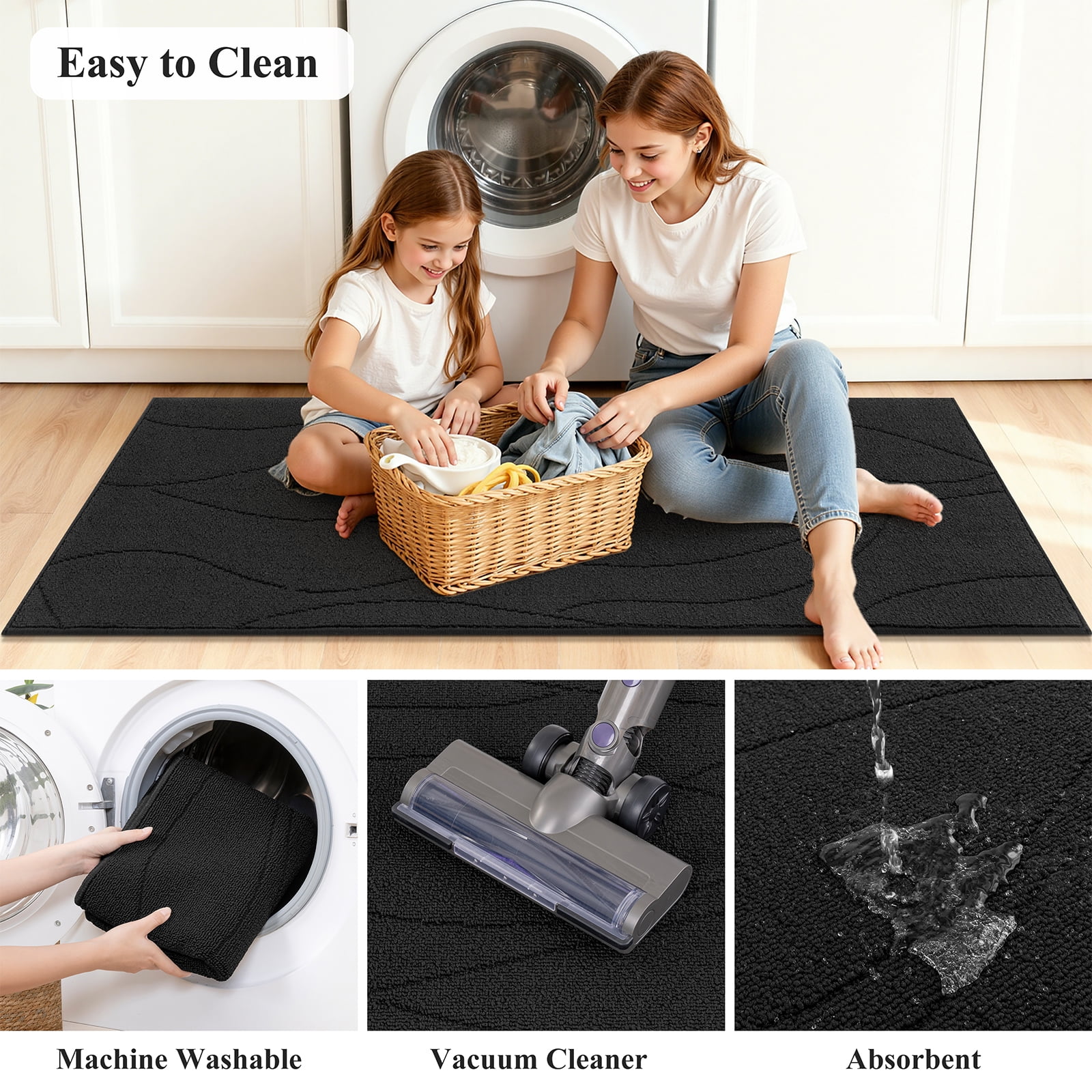 MeyJey Geometric Lines Kitchen Rugs Sets of 3, Non Slip Washable Kitchen Mats for Floor, Black