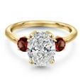 thumbnail image 2 of 2.74 cttw IGI Certified Lab Grown Diamond and Red Garnet 3-Stone Engagement Ring for Women | 18K Yellow Gold Plated Silver | Center 2.00 Ct Diamond | E-F Color | VS1-VS2 Clarity | Size 8, 2 of 6