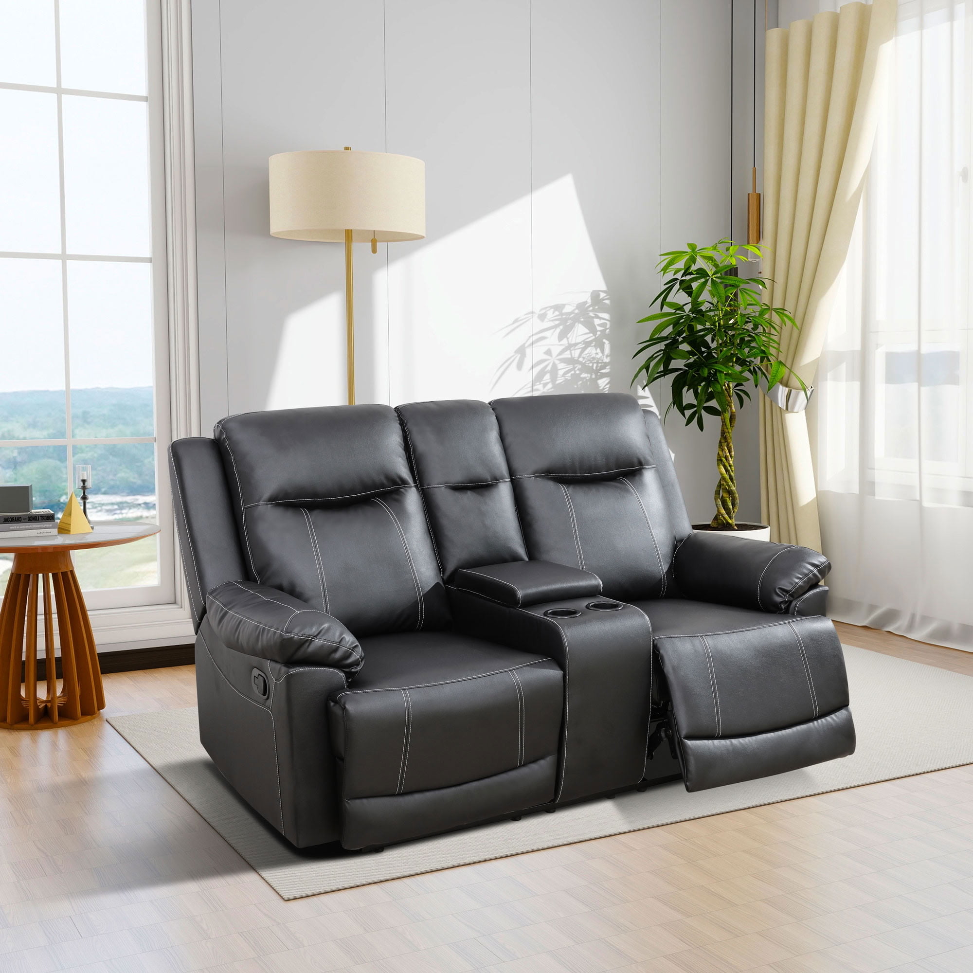MAYEERTY 2-Seater Recliner Loveseat, Breathable Semi PU Leather Recliner Sofa with Storage for Apartment Living Room