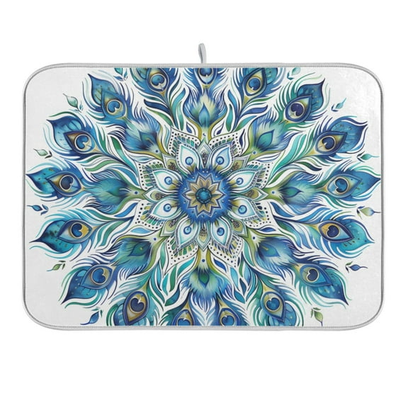 Mandala Peacock Feathers Dish Drying Mat 16x18 Absorbent Microfiber Draining Rack Pad for Kitchen Counter Sink