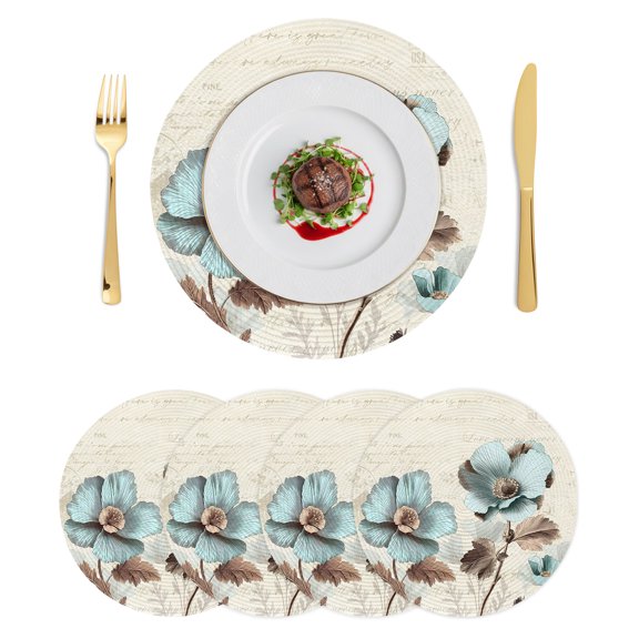Round Placemats Vintage Roccoli Flowers 15 inch Set of 4 Table Mats for Dining Table Teal Green Heat Resistant Non-Slip Kitchen & Home Decorative Place Mat Set