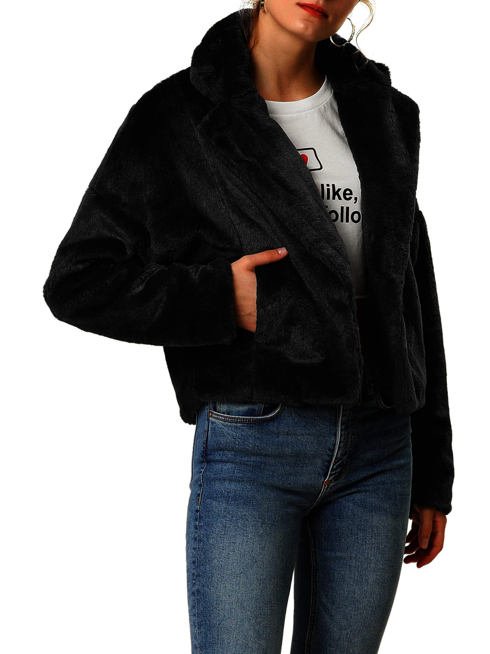 Unique Bargains Women's Cropped Jacket Notch Lapel Faux Fur Fluffy Coat ...