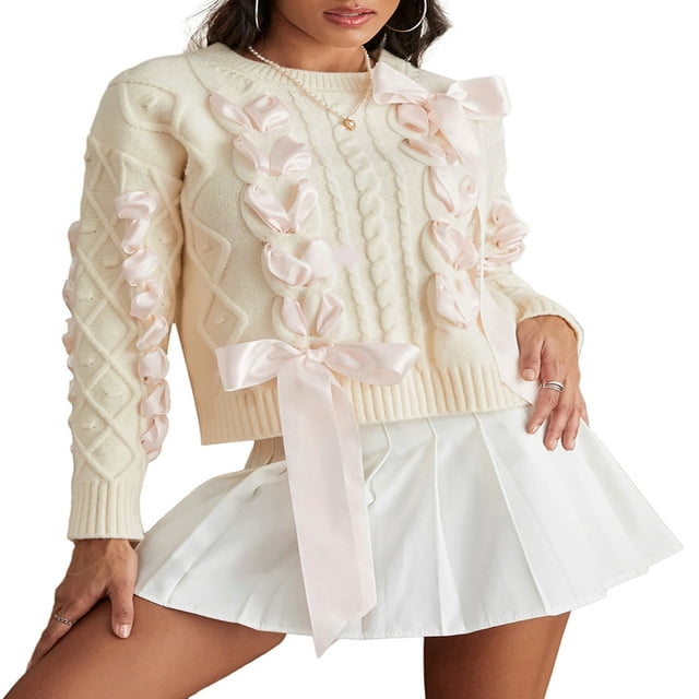 Chandail à Ruban pour Femmes Col Rond Doux Tricot Manches Longues Blouses Mignonnes Nœud 3D Pull Tricoté pour Adolescentes Mode Décontractée pour Printemps Automne Hiver