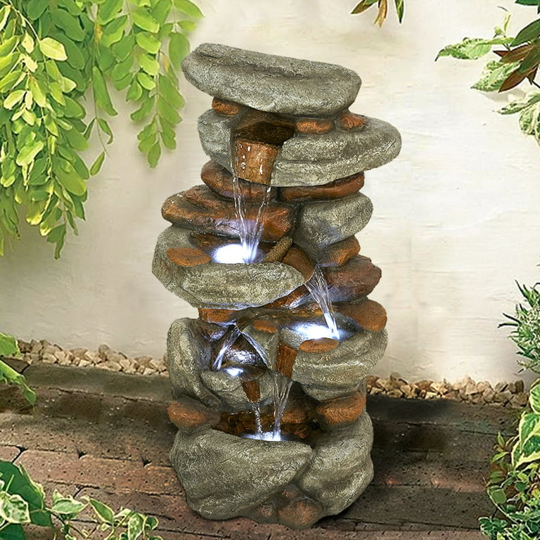 4-Tier Rock Water Fountain with LED Lights - Outdoor Water Fountains  Cascading Floor Water Feature Art Decor for Garden, Pation, Deck, Porch 