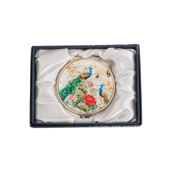 Espejo compacto de nácar de February Mountain, regalo de doble aumento para mujeres, mamá, hermana, idea de cumpleaños o Navidad (1 jardín de pavo real)