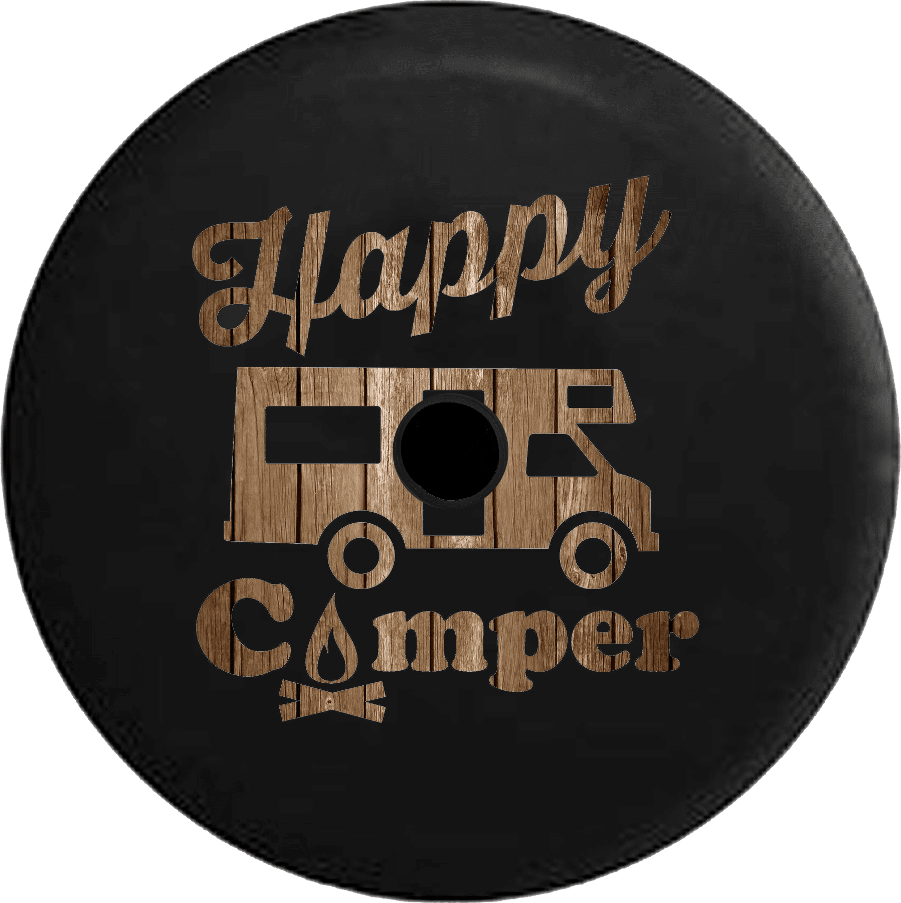 2018 2019 Wrangler JL Backup Camera Happy Camper Campfire RV Distressed Wood Spare Tire Cover Wrangler Spare Tire Cover With Backup Camera