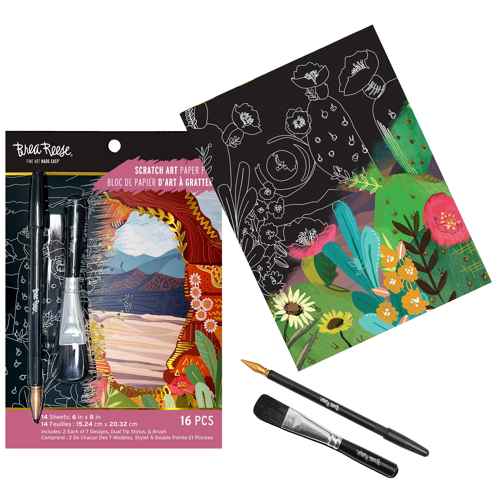 Brea Reese: Scratch Art Paper Pad - Arches & Canyons - 14 Sheets, 7 Guided Art Designs, Metallic Accents, Stylus & Brush, 6x8" Pages, DIY Adult Craft